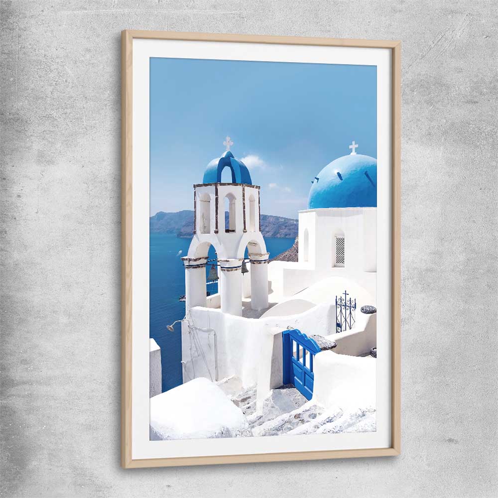 Beach and coastal wall art print of Santorini Dreaming with raw oak glass front frame