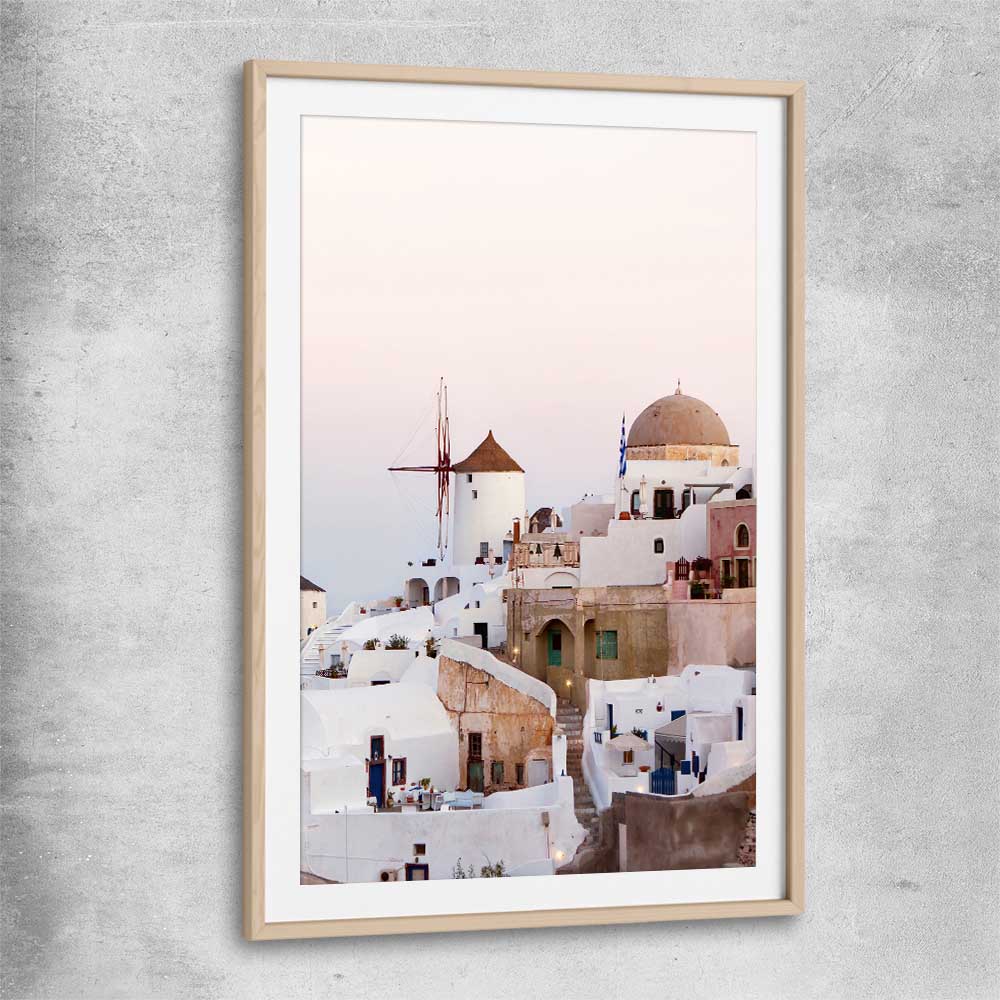Beach and coastal wall art print of Santorini Windmill with raw oak glass front frame