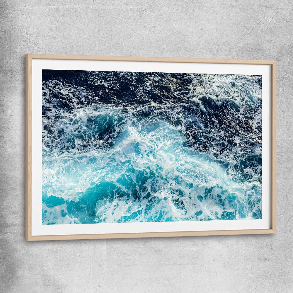 Beach and coastal wall art print of Sea Waves with raw oak glass front frame