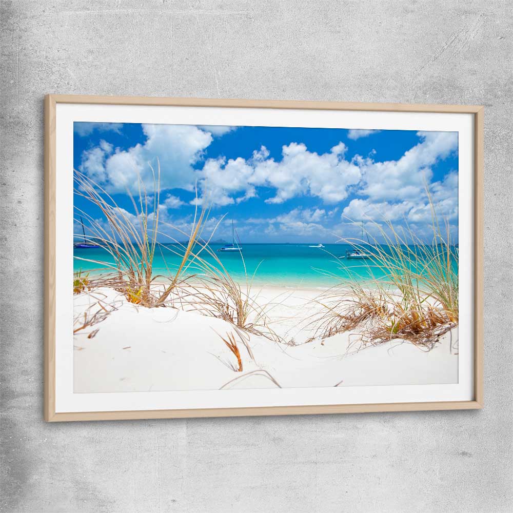 Beach and coastal wall art print of Serene Whitehaven Beach with raw oak glass front frame