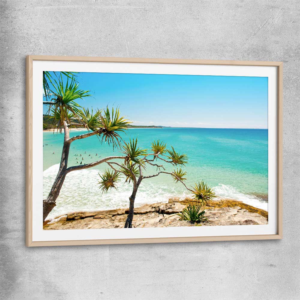 Beach and coastal wall art print of Stradbroke Island Beach with raw oak glass front frame
