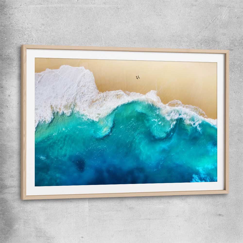 Beach and coastal wall art print of Summer Waves with raw oak glass front frame