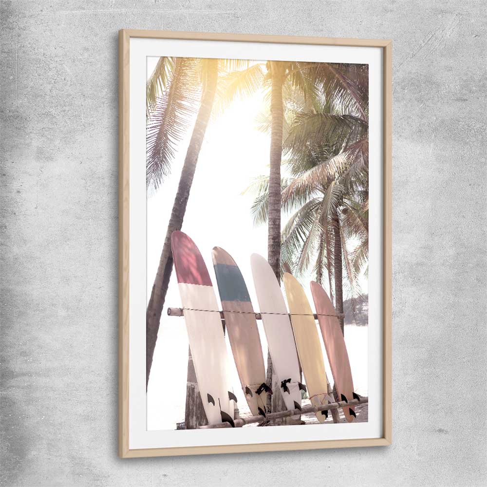 Beach and coastal wall art print of Surf Sunset with raw oak glass front frame