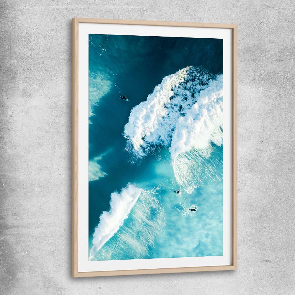 Beach and coastal wall art print of Surfers Paradise with raw oak glass front frame