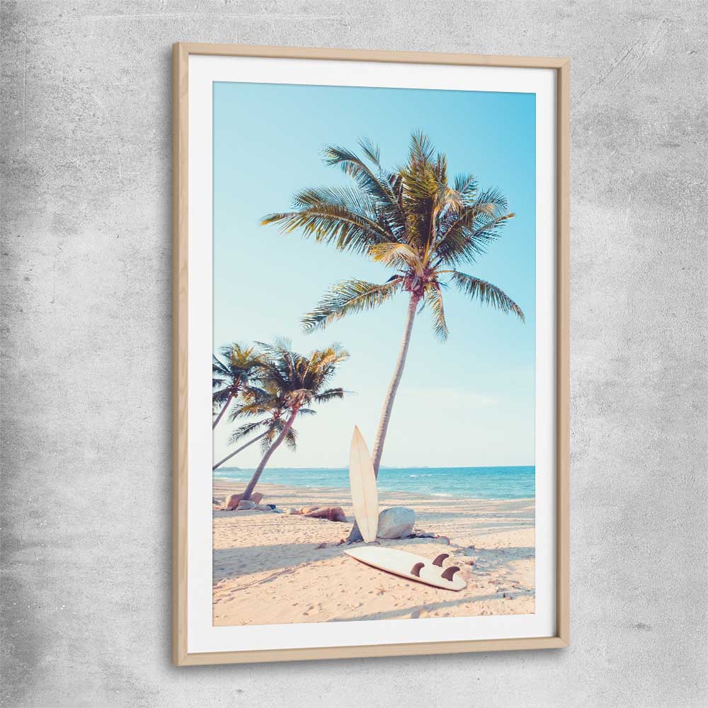 Beach and coastal wall art print of Surfing Break with raw oak glass front frame