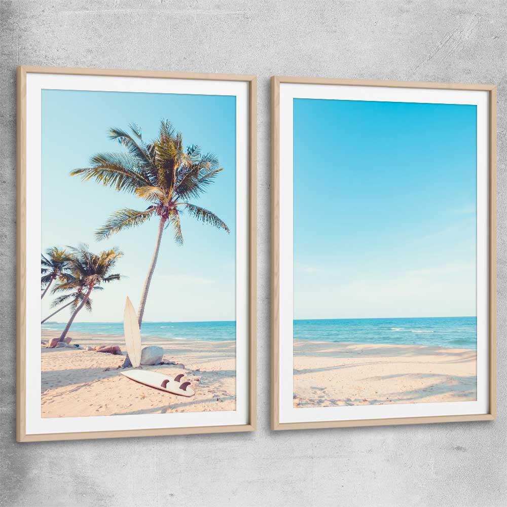 Beach and coastal wall art print of Surfing Break Pair with raw oak glass front frame