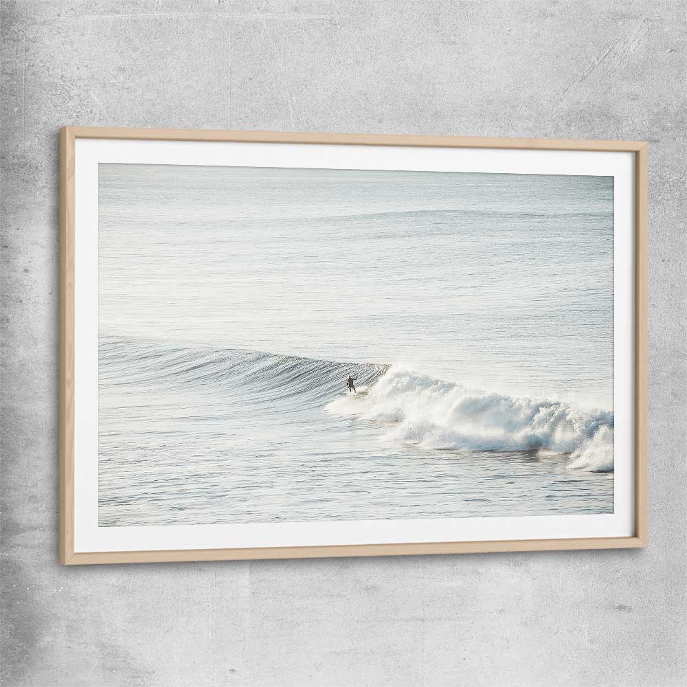 Beach and coastal wall art print of Surfing Waves with raw oak glass front frame