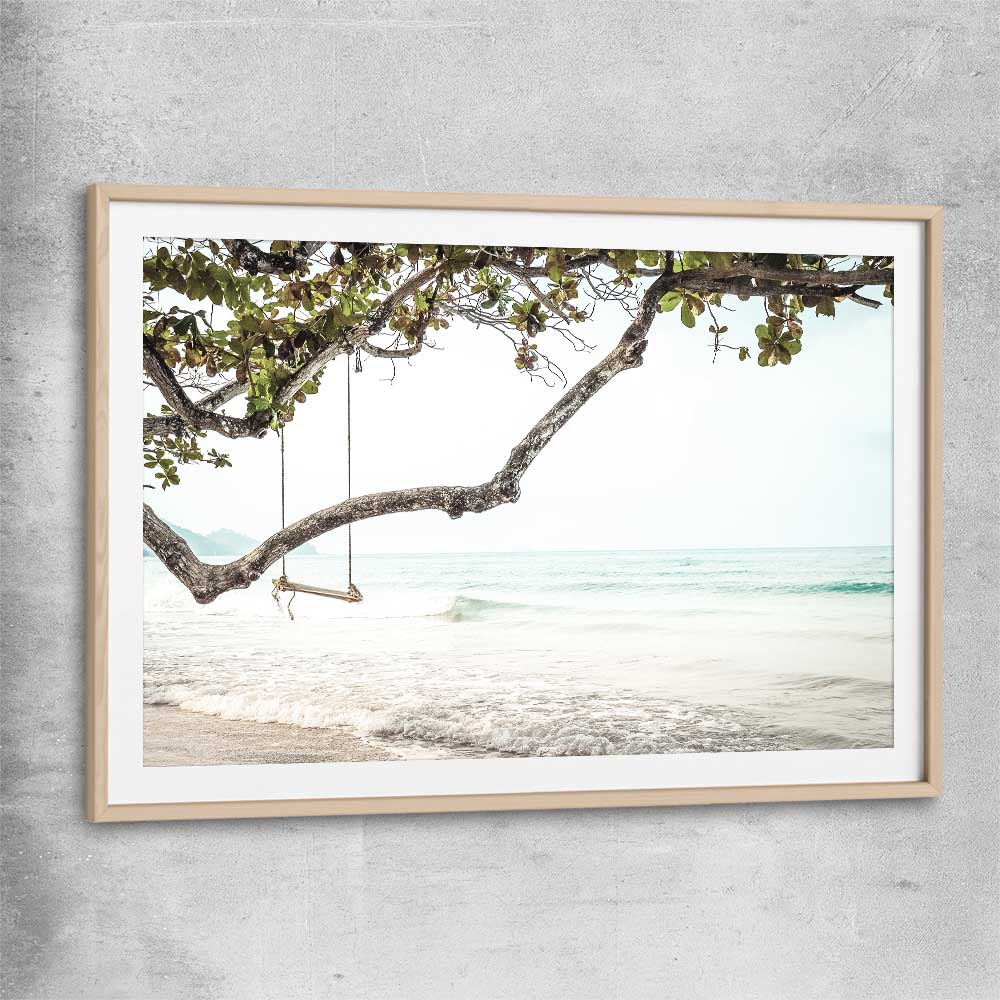 Beach and coastal wall art print of Tropical Beach with raw oak glass front frame