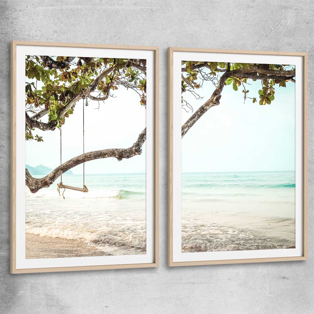 Beach and coastal wall art print of Tropical Beach Pair with raw oak glass front frame