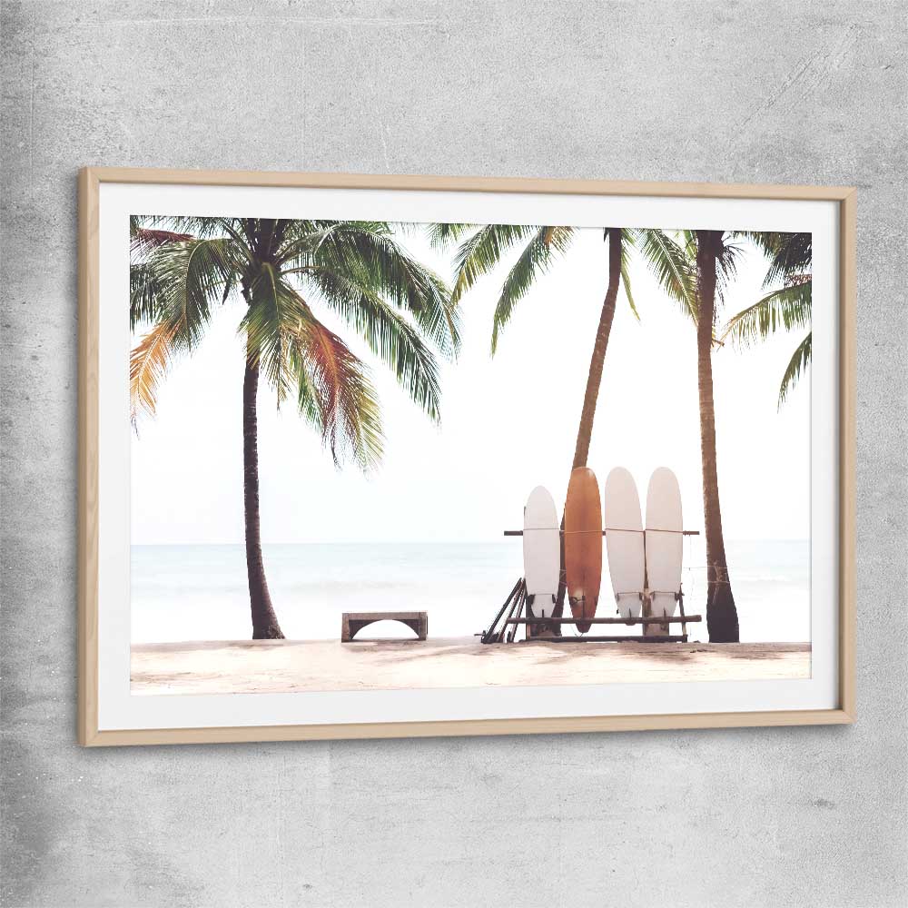 Beach and coastal wall art print of Tropical Boards with raw oak glass front frame
