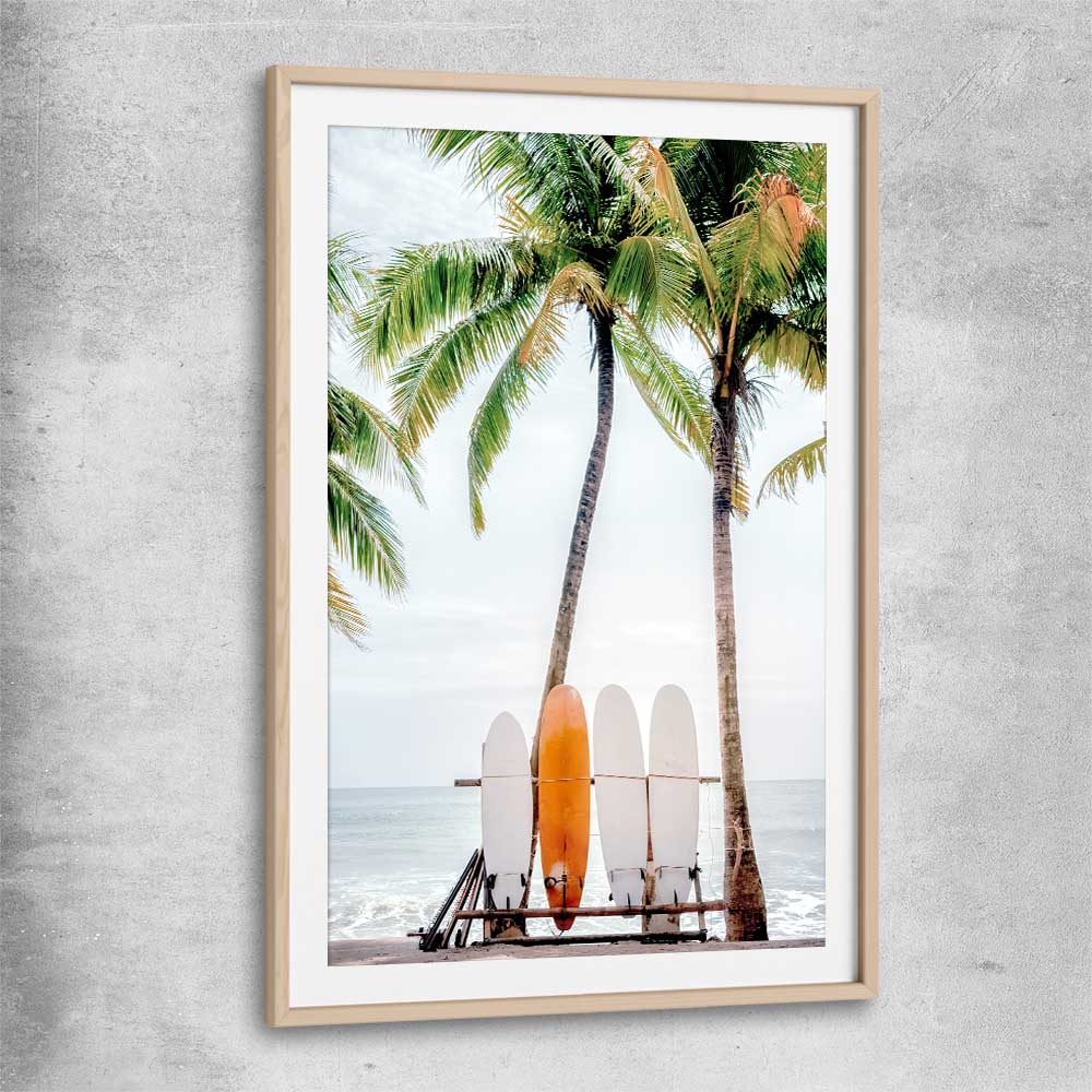 Beach and coastal wall art print of Tropical Surf with raw oak glass front frame