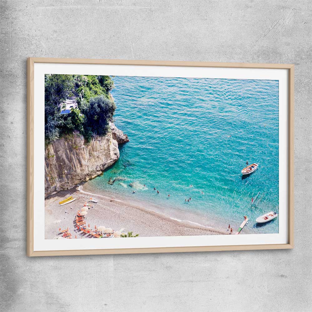 Beach and coastal wall art print of Turquoise Waters with raw oak glass front frame