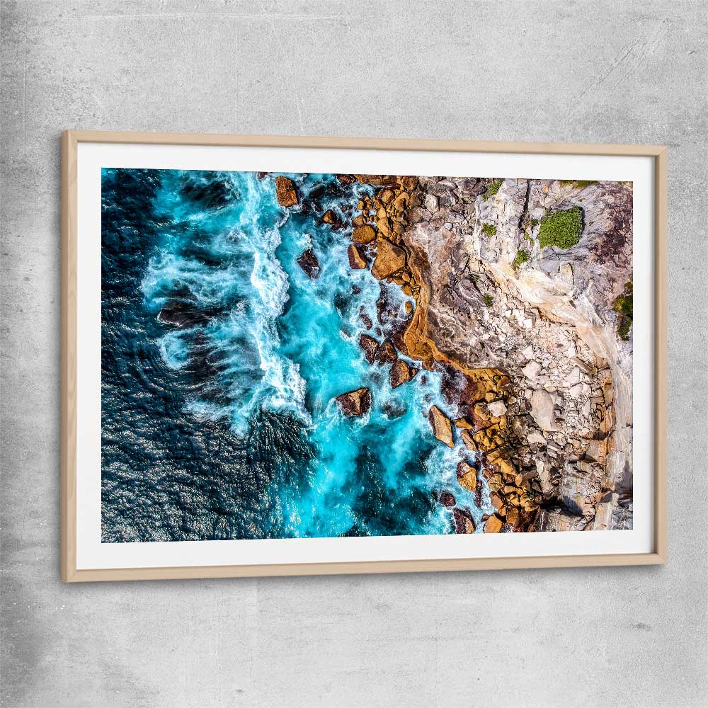 Beach and coastal wall art print of Watsons Bay Waves with raw oak glass front frame