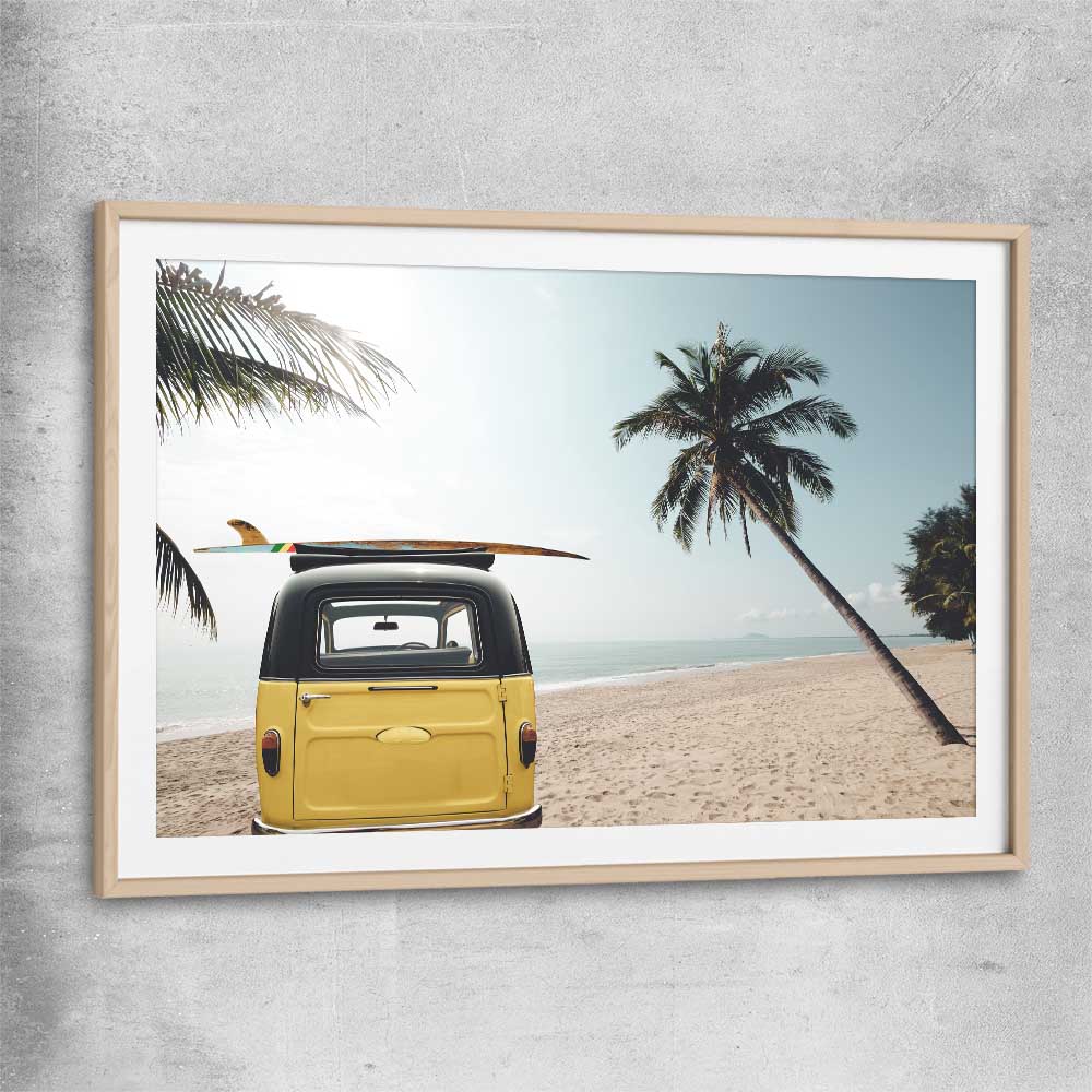 Beach and coastal wall art print of Yellow Combi Surf with raw oak glass front frame