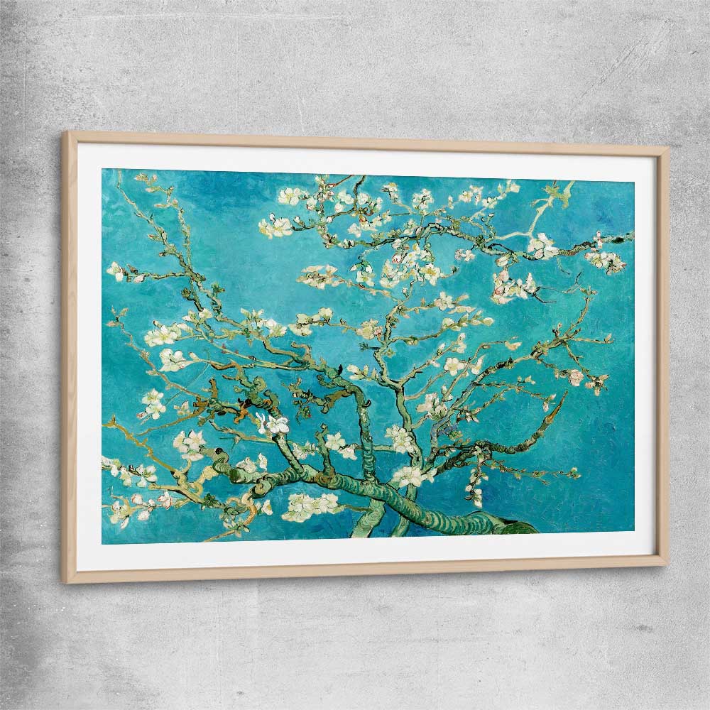 Classic wall art and canvas print of Almond Blossom Van Gogh with raw oak glass front frame