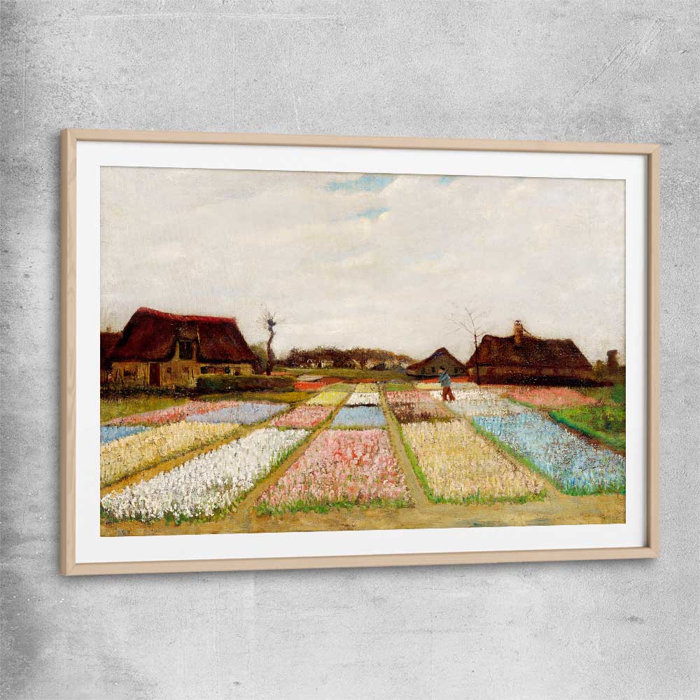 Classic wall art and canvas print of Bulb Fields Van Gogh with raw oak glass front frame