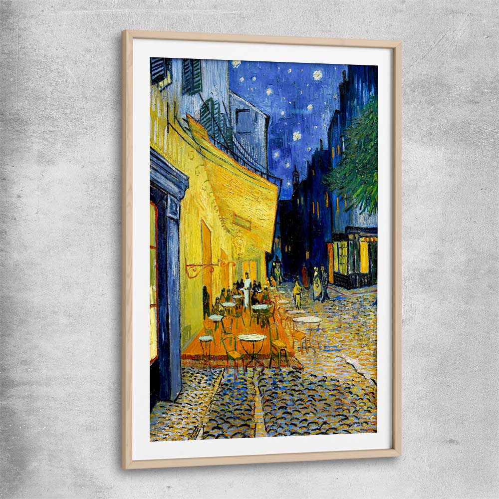 Classic wall art and canvas print of Cafe Terrace Van Gogh with raw oak glass front frame