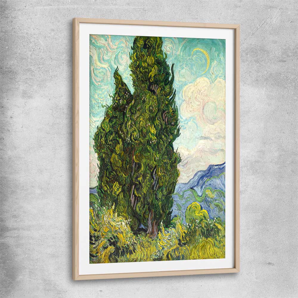 Classic wall art and canvas print of Cypresses Van Gogh with raw oak glass front frame