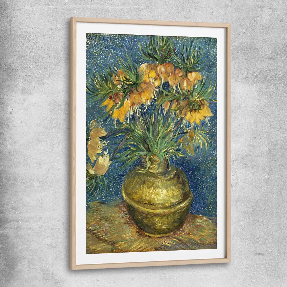 Classic wall art and canvas print of Imperial Fritillaries Van Gogh with raw oak glass front frame