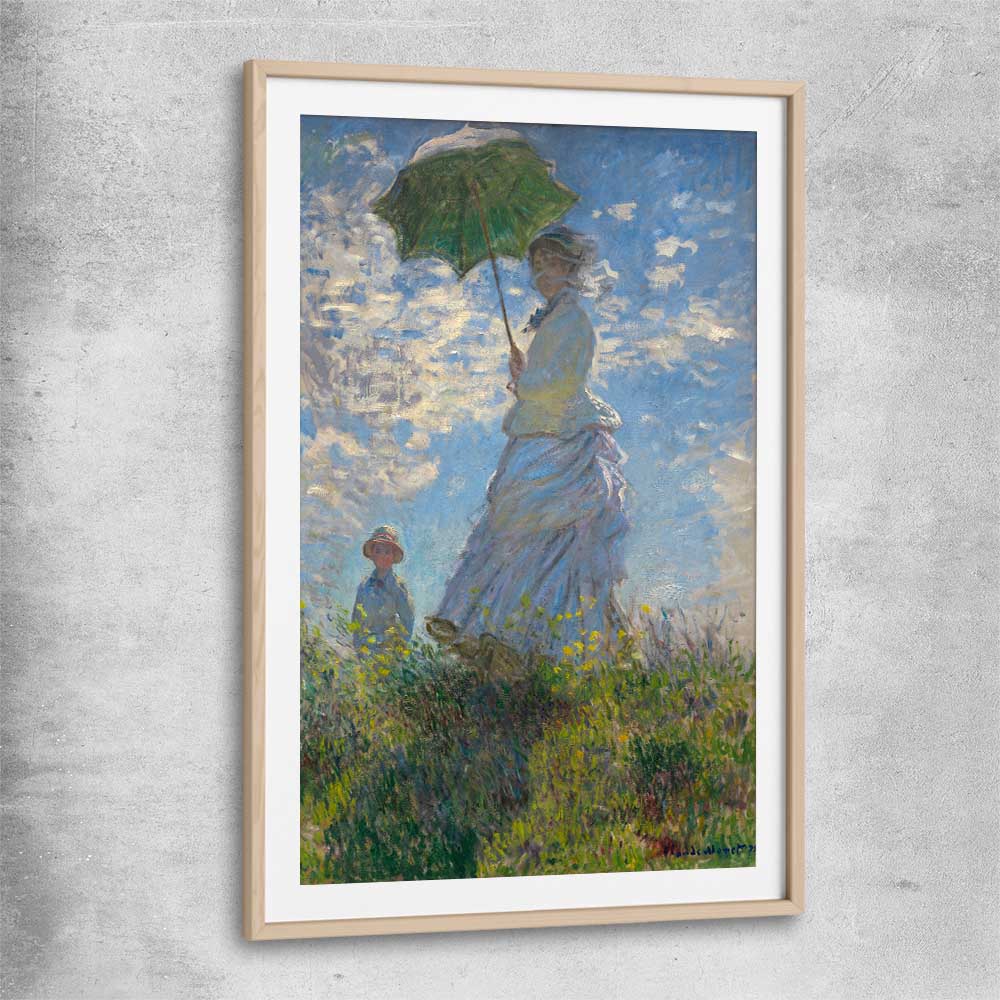 Classic wall art and canvas print of Madame Monet Claude Monet with raw oak glass front frame