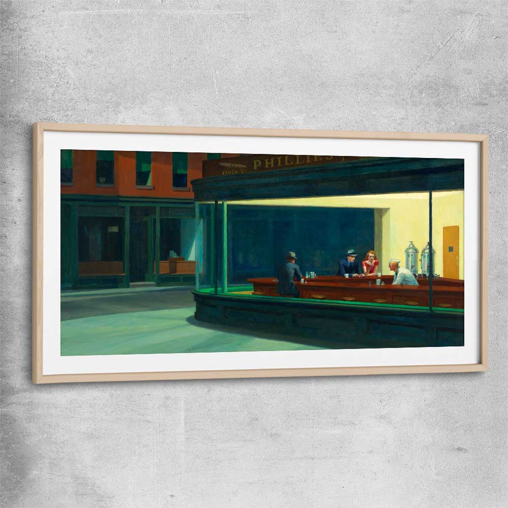Classic wall art and canvas print of Nighthawks Edward Hopper with raw oak glass front frame