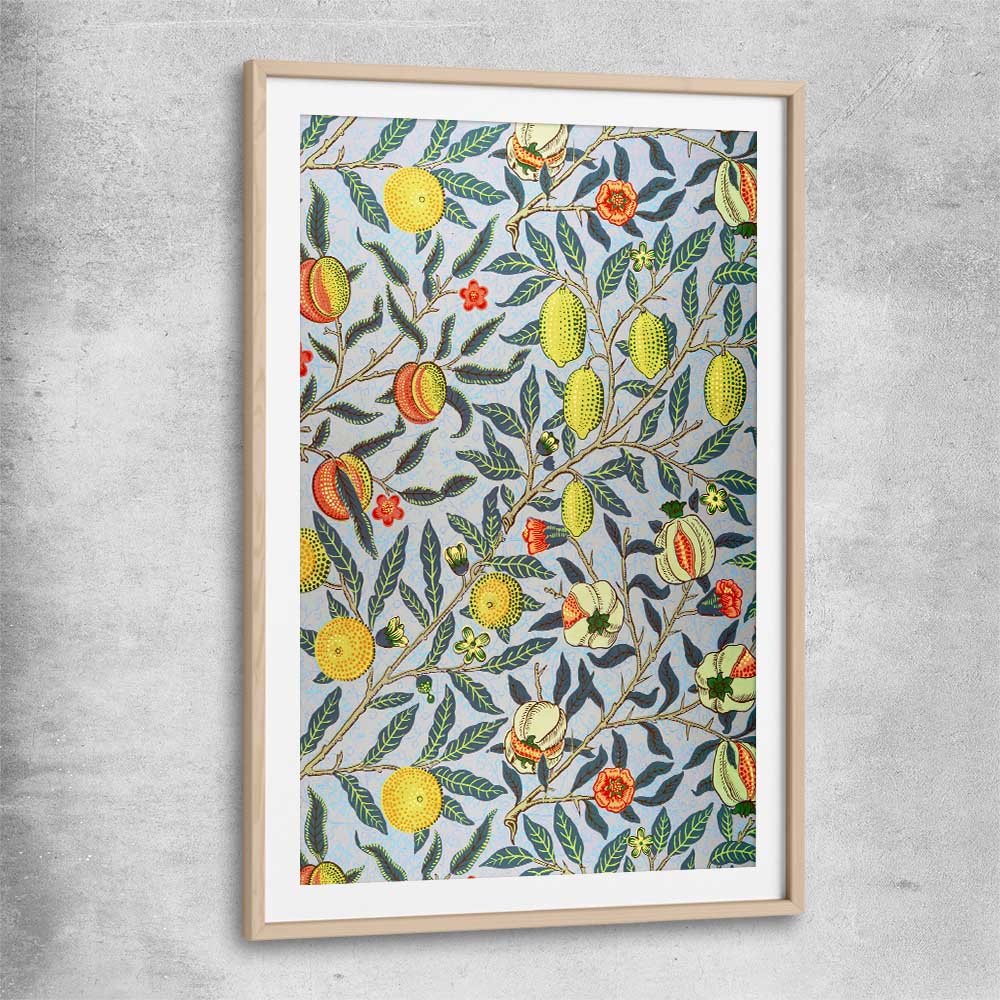 Classic wall art and canvas print of Pomegranate William Morris with raw oak glass front frame