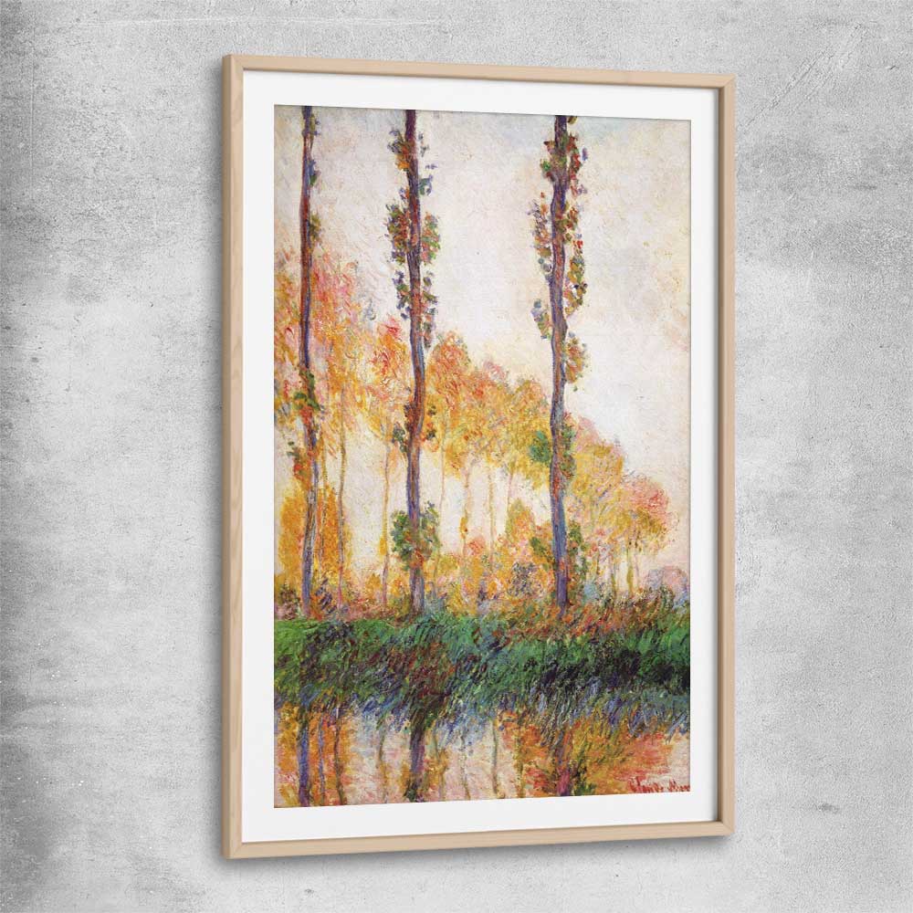 Classic wall art and canvas print of Poplars Claude Monet with raw oak glass front frame
