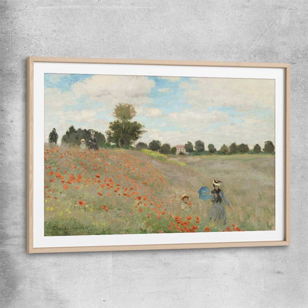 Classic wall art and canvas print of Poppy Field Claude Monet with raw oak glass front frame
