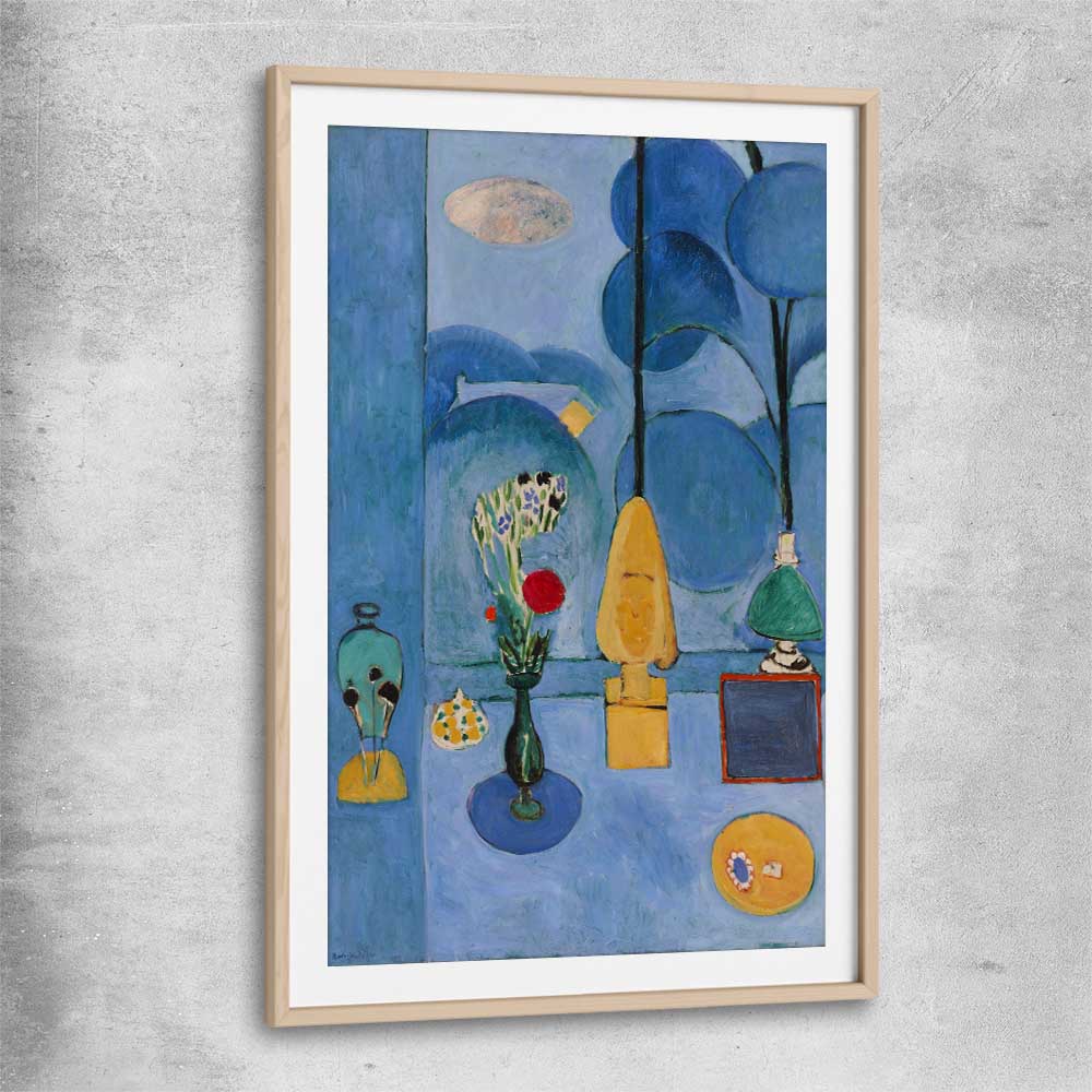 Classic wall art and canvas print of The Blue Window Henri Matisse with raw oak glass front frame