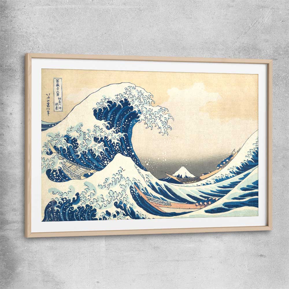 Classic wall art and canvas print of The Great Wave Hokusai with raw oak glass front frame