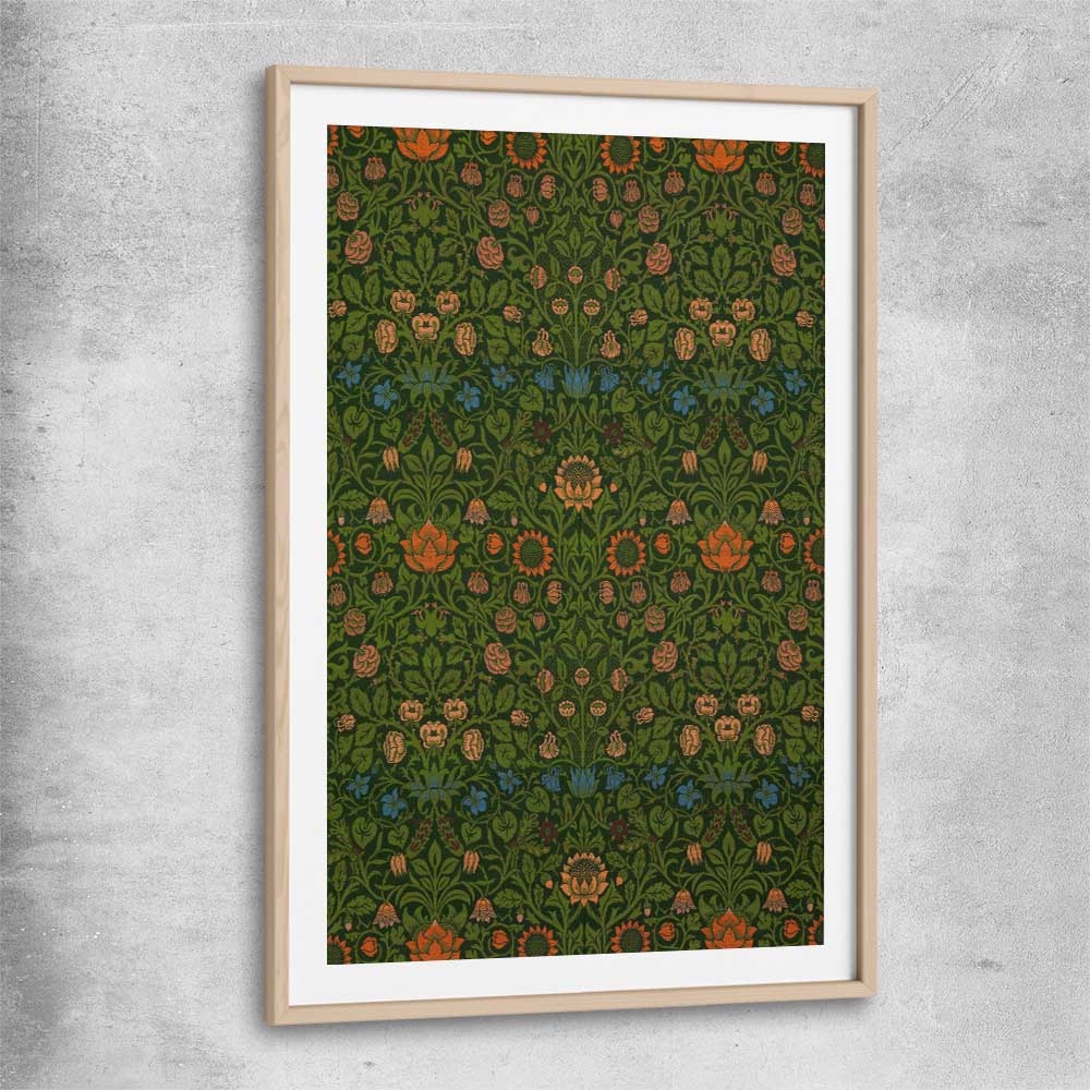 Classic wall art and canvas print of Violet Columbine William Morris with raw oak glass front frame