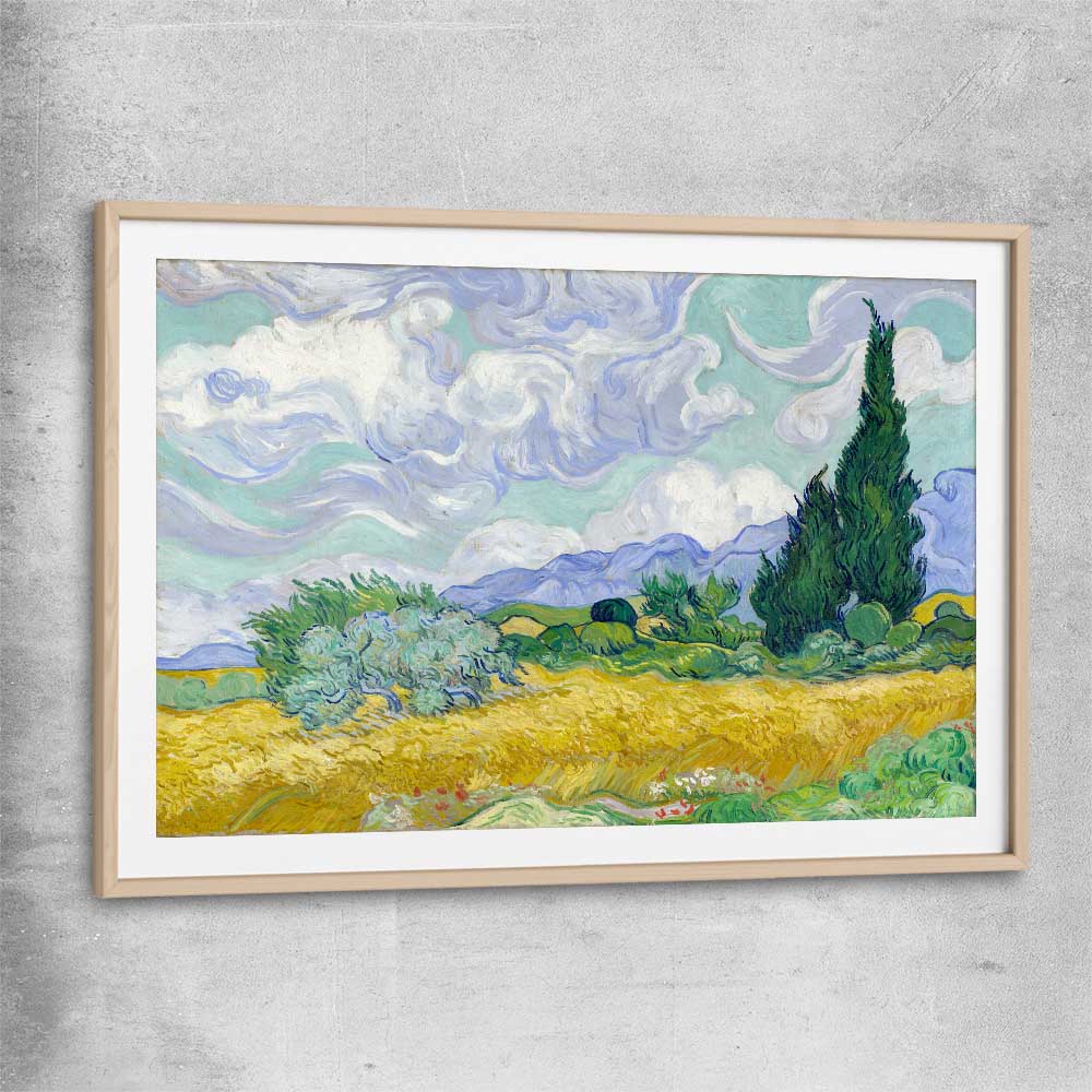 Classic wall art and canvas print of Wheatfield Van Gogh with raw oak glass front frame