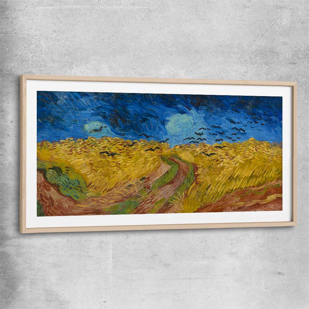Classic wall art and canvas print of Wheatfield with Crows Van Gogh with raw oak glass front frame