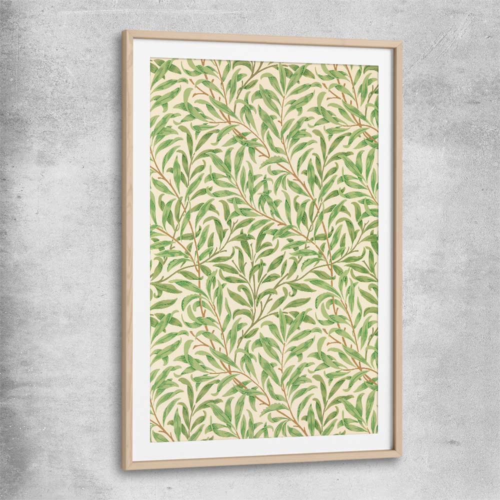Classic wall art and canvas print of Willow Bough William Morris with raw oak glass front frame