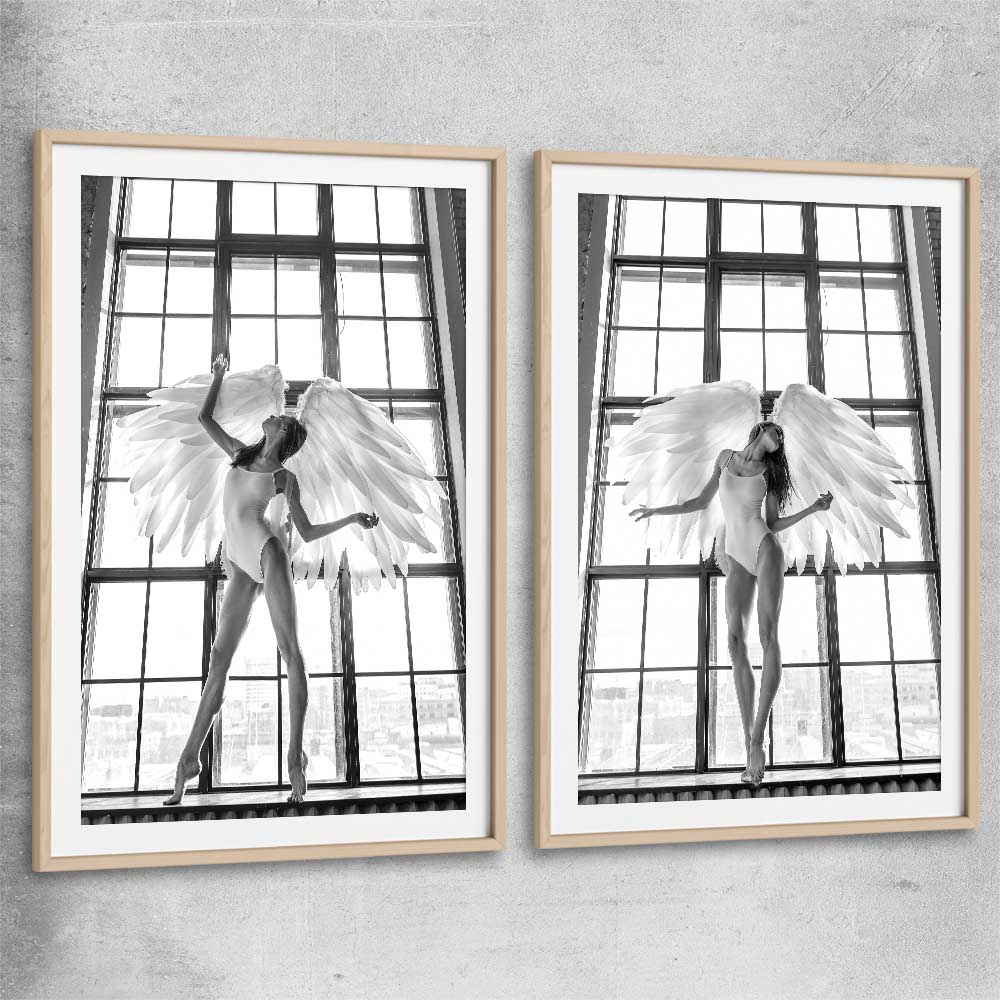 Angel Love Pair raw oak glass front frame - part of our high quality fashion canvas wall art and prints collection