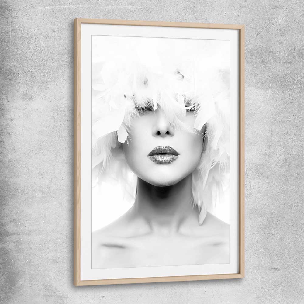 Feather Lips raw oak glass front frame - part of our high quality fashion canvas wall art and prints collection