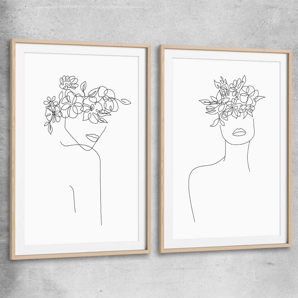 Floral Beauty Pair raw oak glass front frame - part of our high quality fashion canvas wall art and prints collection