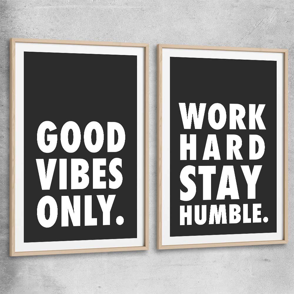 Inspirational wall art print of Good Vibes Pair with raw oak glass front frame