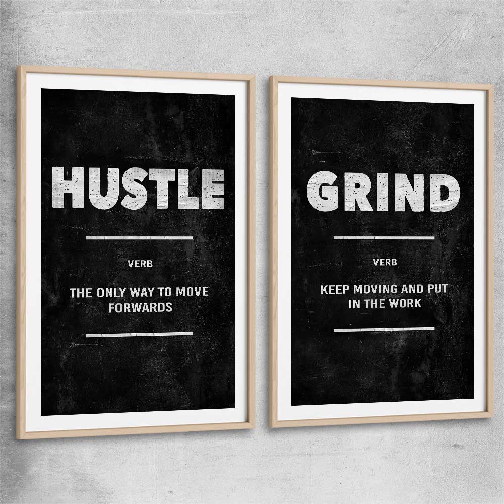 Inspirational wall art print of Hustle Definition Pair with raw oak glass front frame