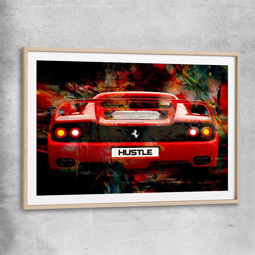 Inspirational wall art print of Hustle Fast with raw oak glass front frame
