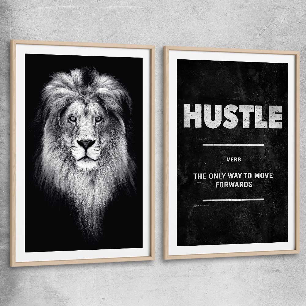 Inspirational wall art print of Lion Gaze Pair with raw oak glass front frame