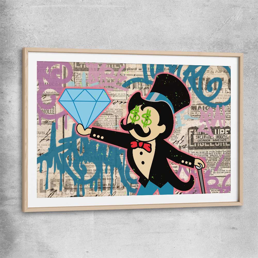 Inspirational wall art print of Moneybags Diamond with raw oak glass front frame