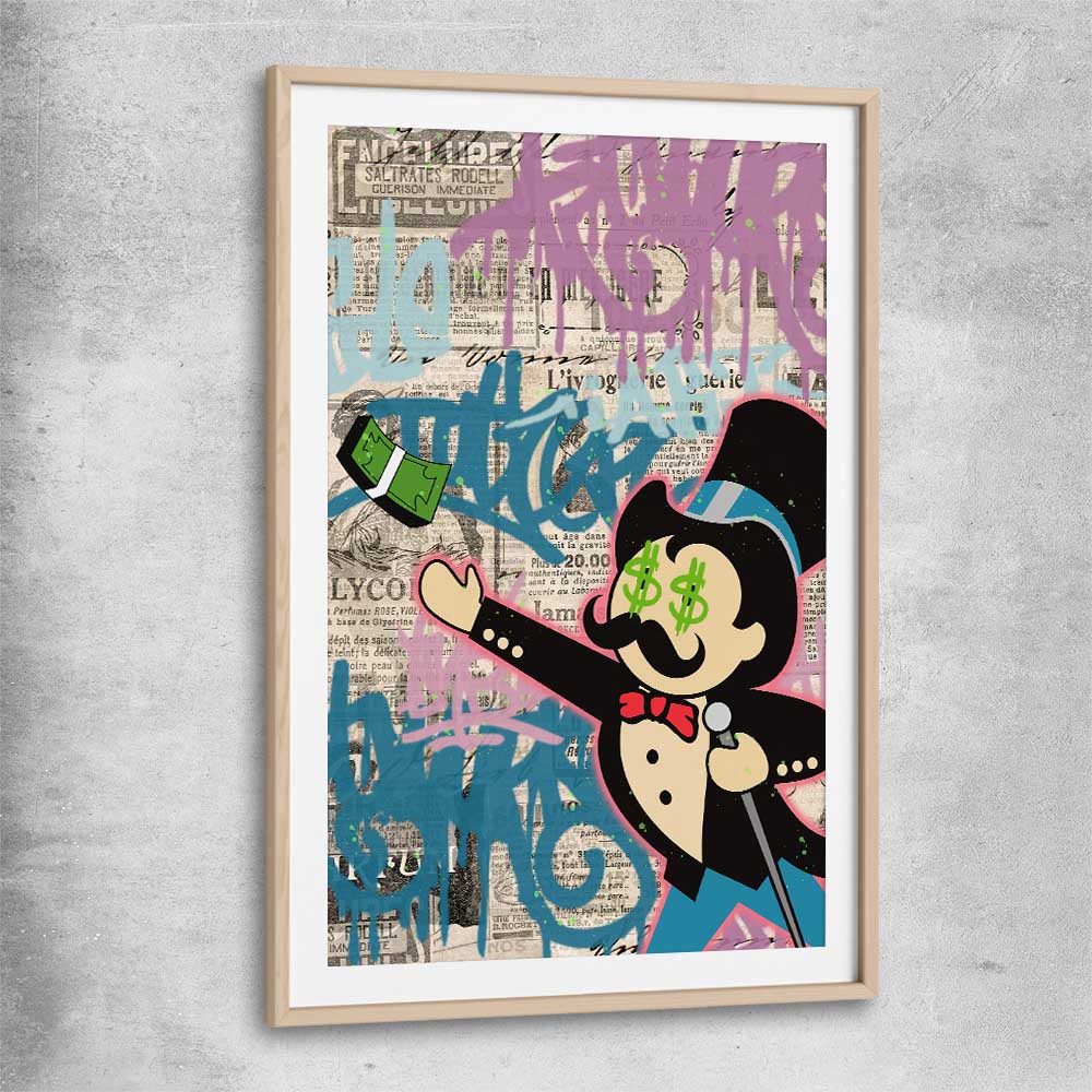 Moneybags Graffiti raw oak glass front frame - part of our high quality fashion canvas wall art and prints collection