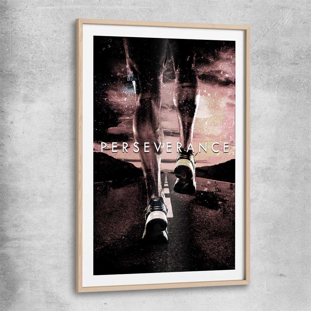 Inspirational wall art print of Perseverance with raw oak glass front frame