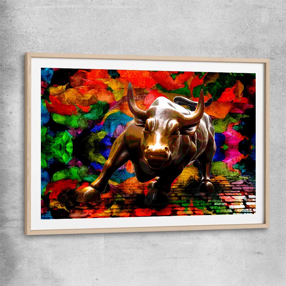 Inspirational wall art print of Raging Bull with raw oak glass front frame
