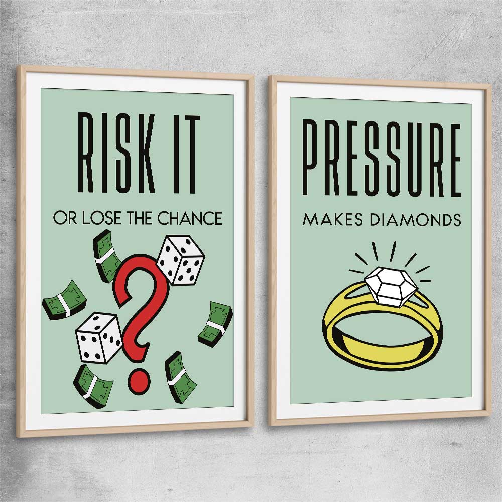 Inspirational wall art print of Roll the Dice Pair with raw oak glass front frame