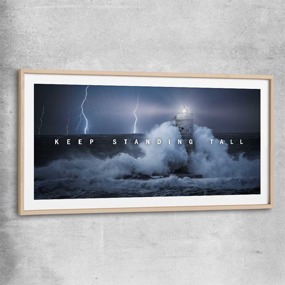 Inspirational wall art print of Stand Tall with raw oak glass front frame