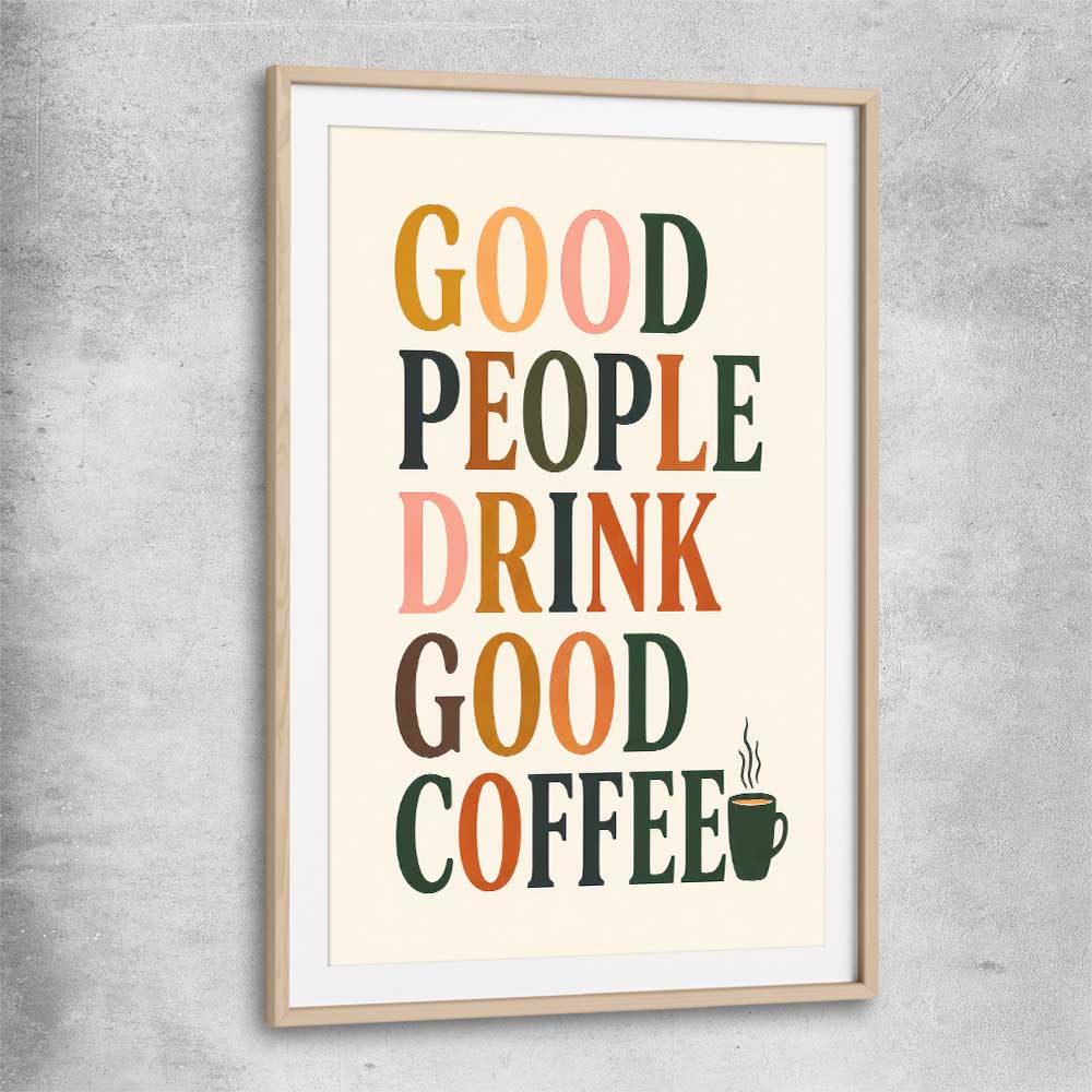 Good People Brew raw oak glass front frame is a colourful and stylish canvas wall art and print suited for the kitchen area