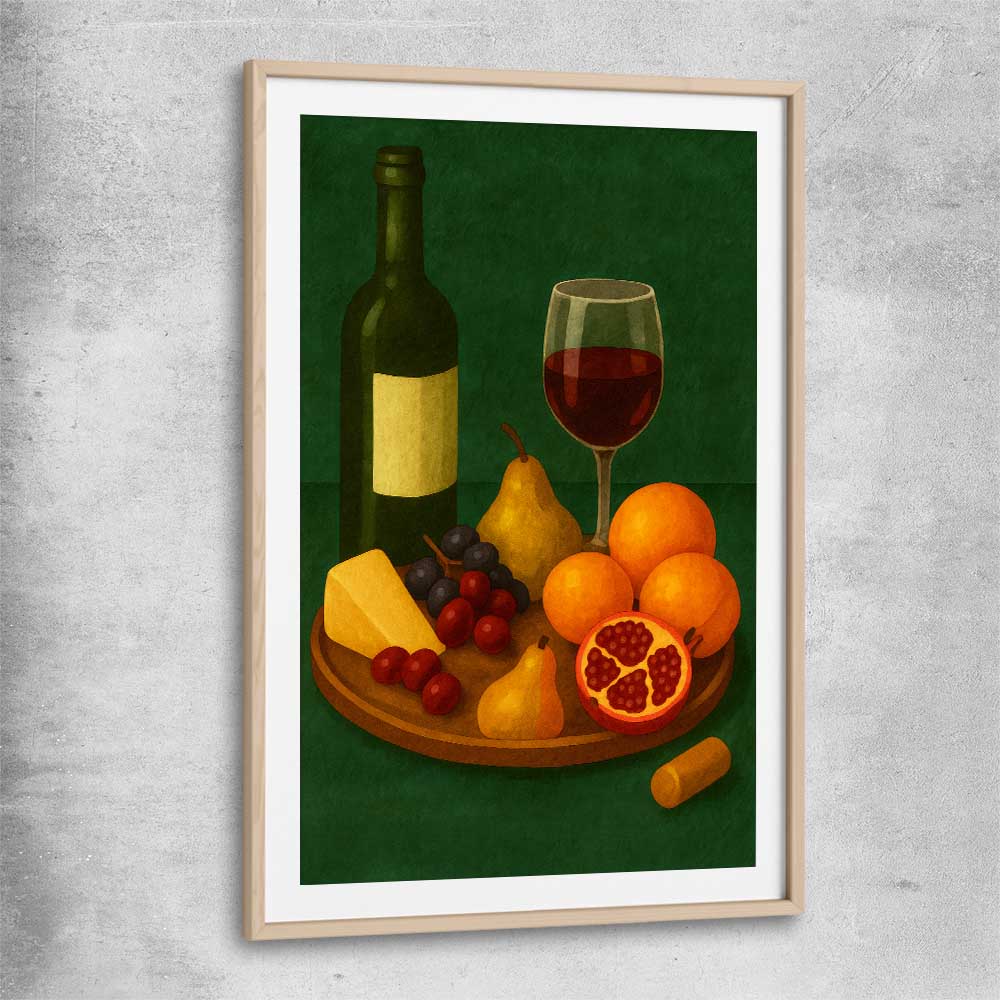 Wine at Dusk One raw oak glass front frame is a colourful and stylish canvas wall art and print suited for the kitchen area
