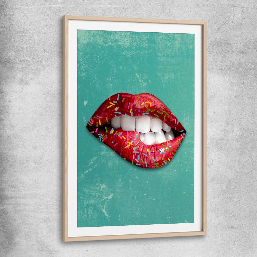 Candy Pop raw oak glass front frame - part of our high quality canvas lips wall art collection